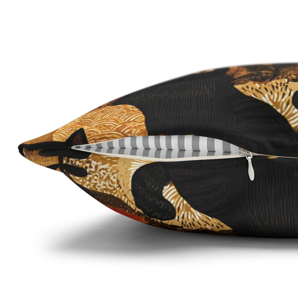 Square Pillowcase - A dark and fantastical illustrative painting of many different cats and plants, creating a dense, mysterious, and golden jungle or forest scene.