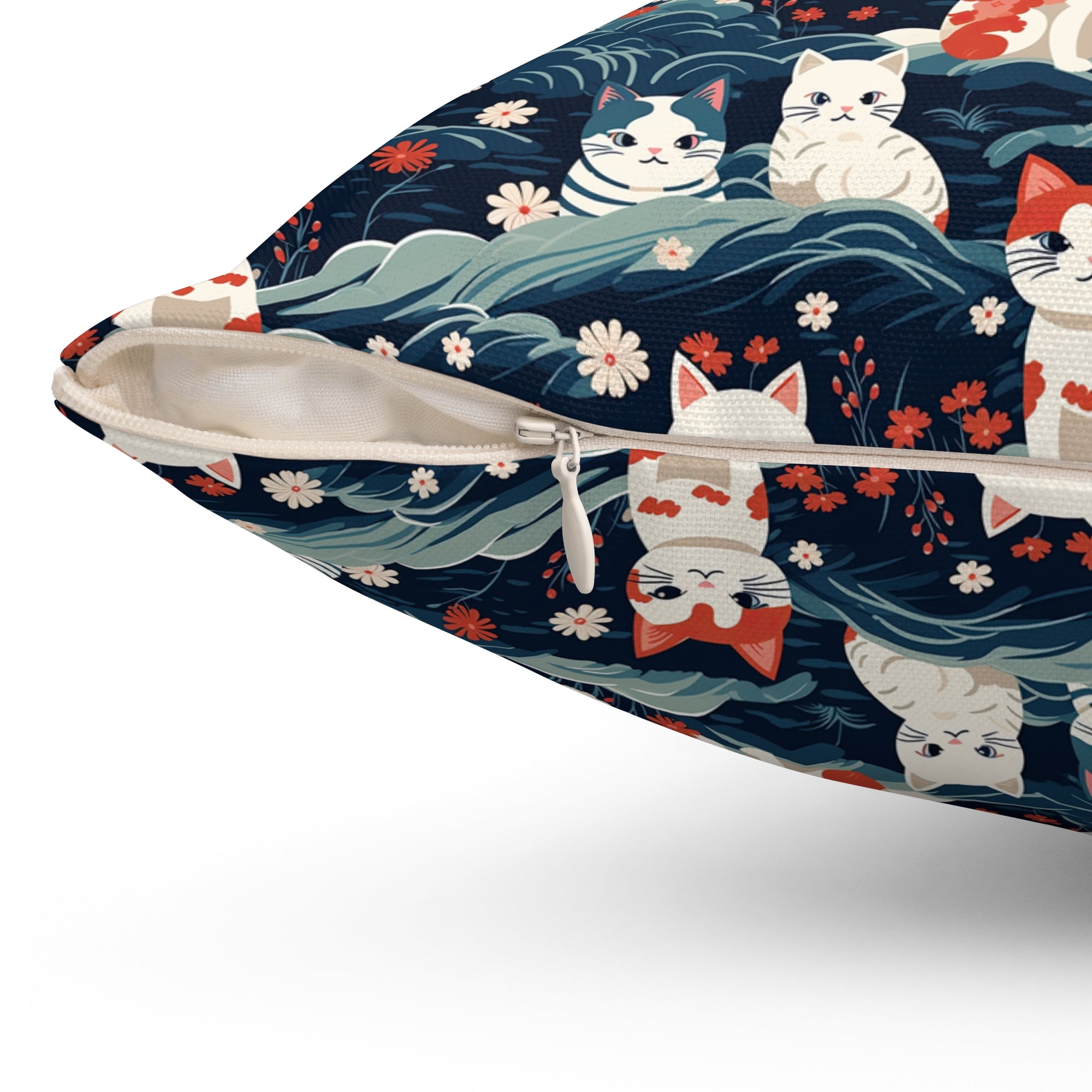 Indoor Square Pillow - A serene and sweet Japanese landscape pattern featuring multicolored cats relaxing within a tranquil field of red and white flowers and gentle blue hills.
