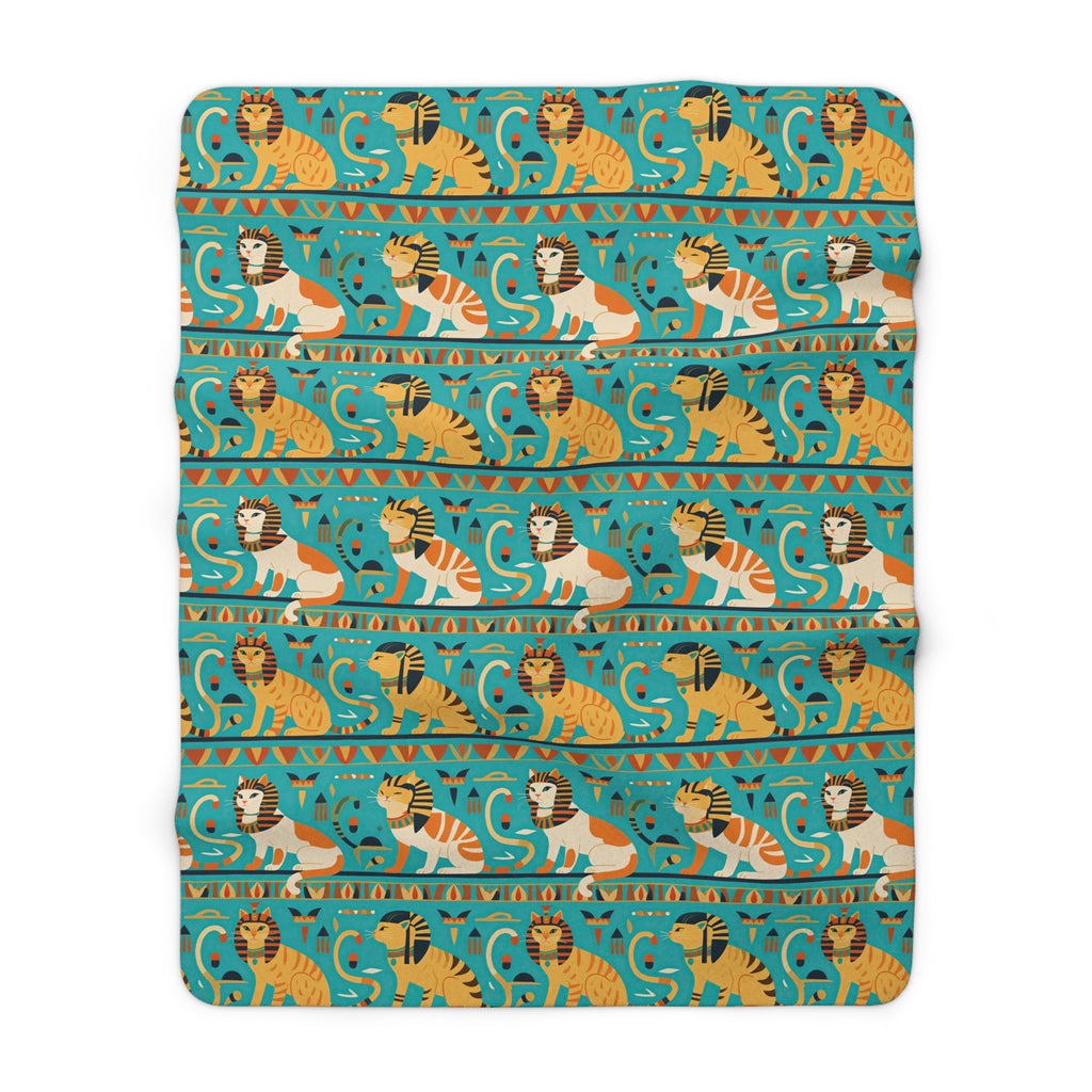 Sherpa Blanket - Horizontal Stripes of Golden Egyptian Cats and Intricate Hieroglyphs Form a Repeating and Historically Themed Border Pattern