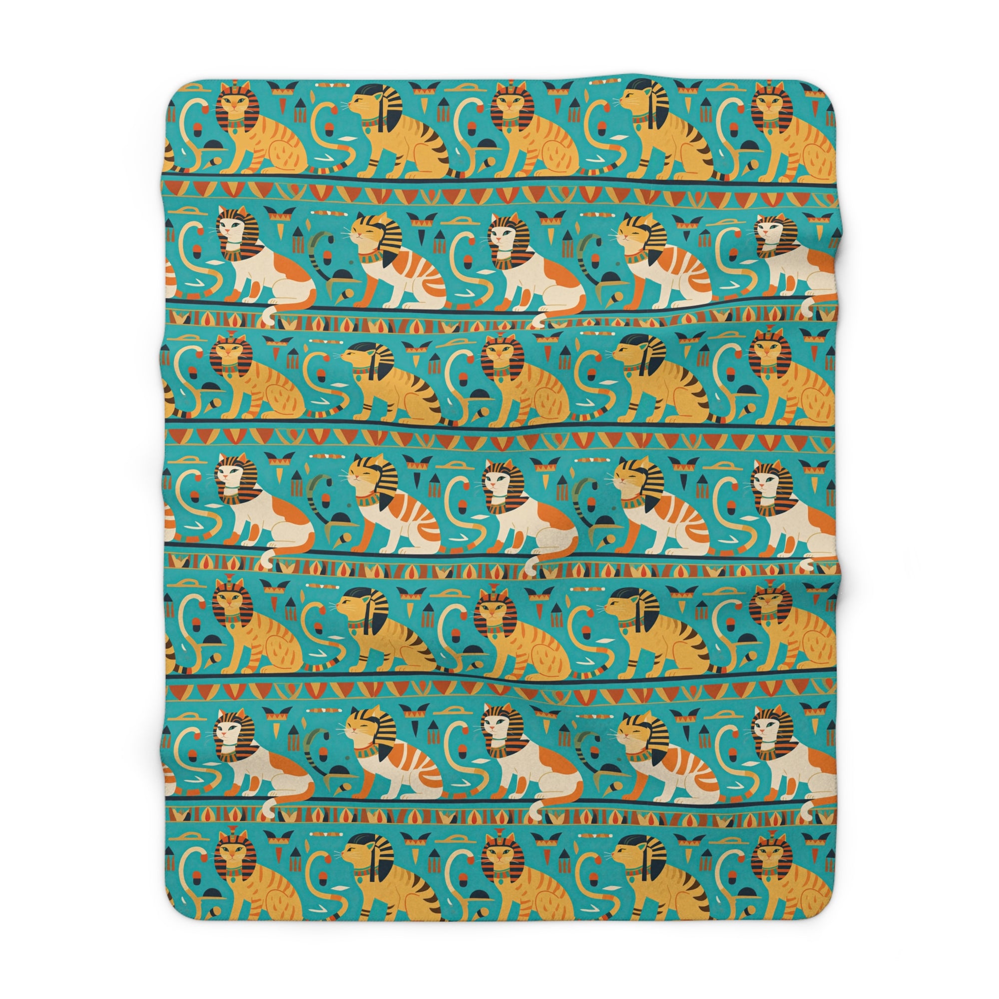 Sherpa Blanket - Horizontal Stripes of Golden Egyptian Cats and Intricate Hieroglyphs Form a Repeating and Historically Themed Border Pattern