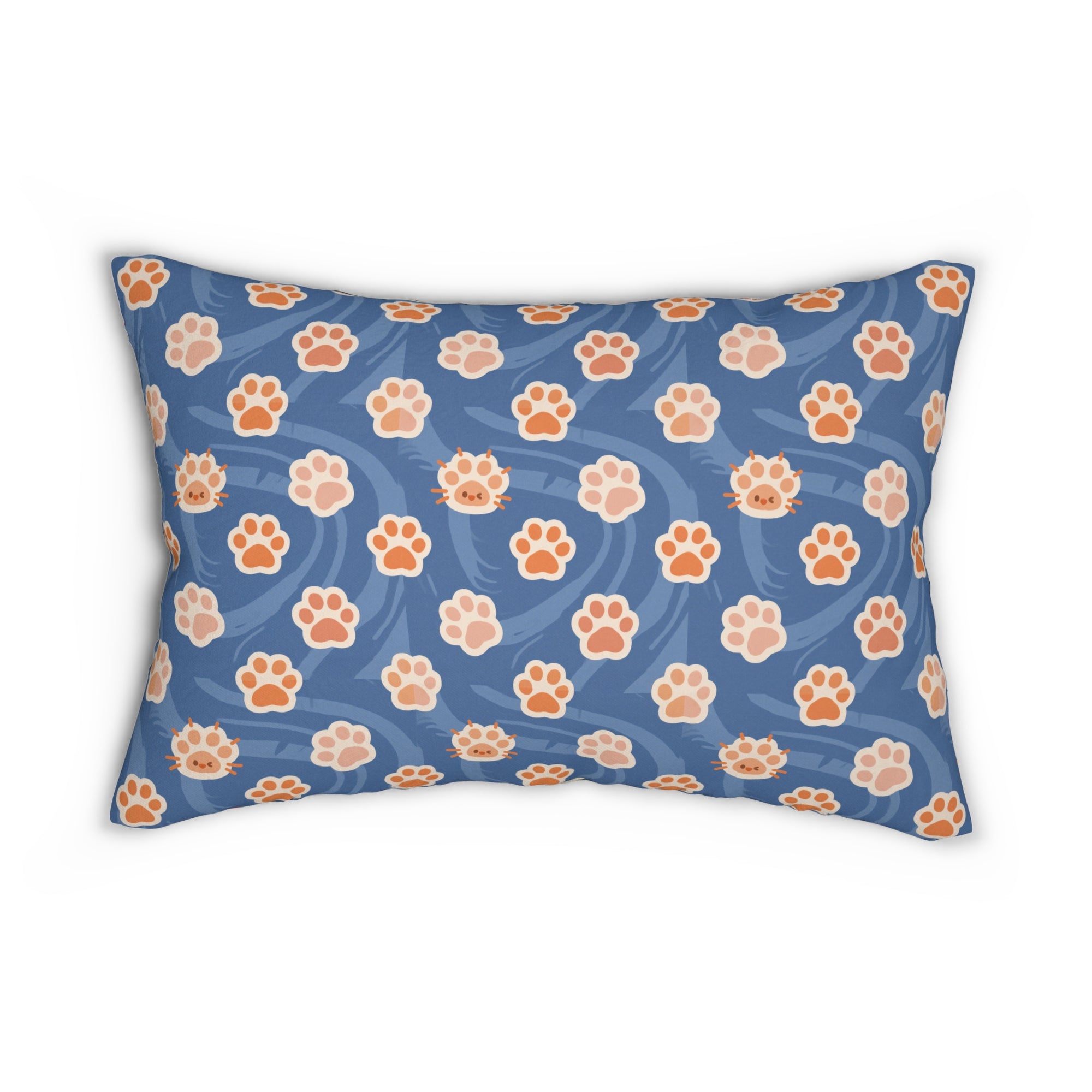 Indoor Lumbar Pillow - A bold and graphic pop art style illustration featuring a tight-knit cluster of various fluffy felines in black, white, red, and blue.