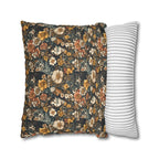 Square Pillowcase - Grey Tabby Kittens Among Yellow and Peach Flowers, Moody Vintage Botanical Illustration