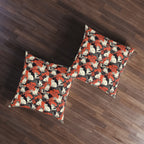 Indoor Square Floor Pillow - A striking black-and-white illustration with red accents of charming cats perched on the branches of trees in a beautiful Japanese woodblock print style.