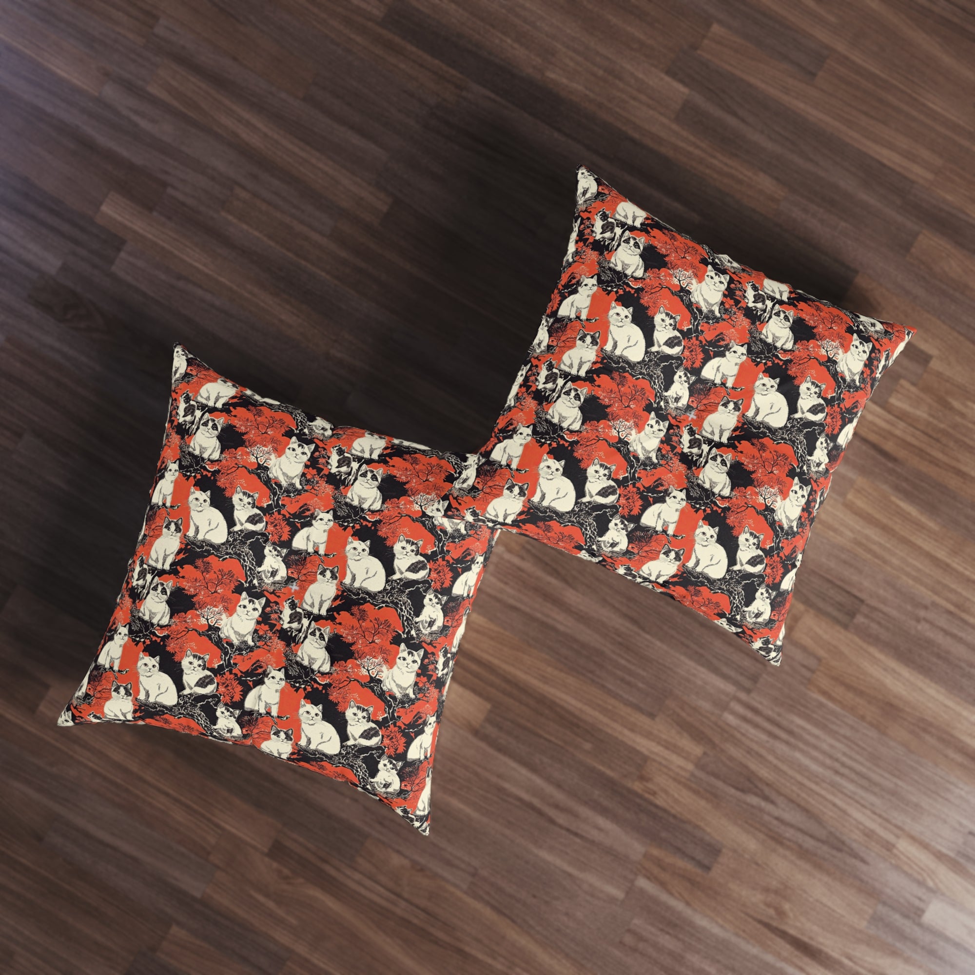 Indoor Square Floor Pillow - A striking black-and-white illustration with red accents of charming cats perched on the branches of trees in a beautiful Japanese woodblock print style.