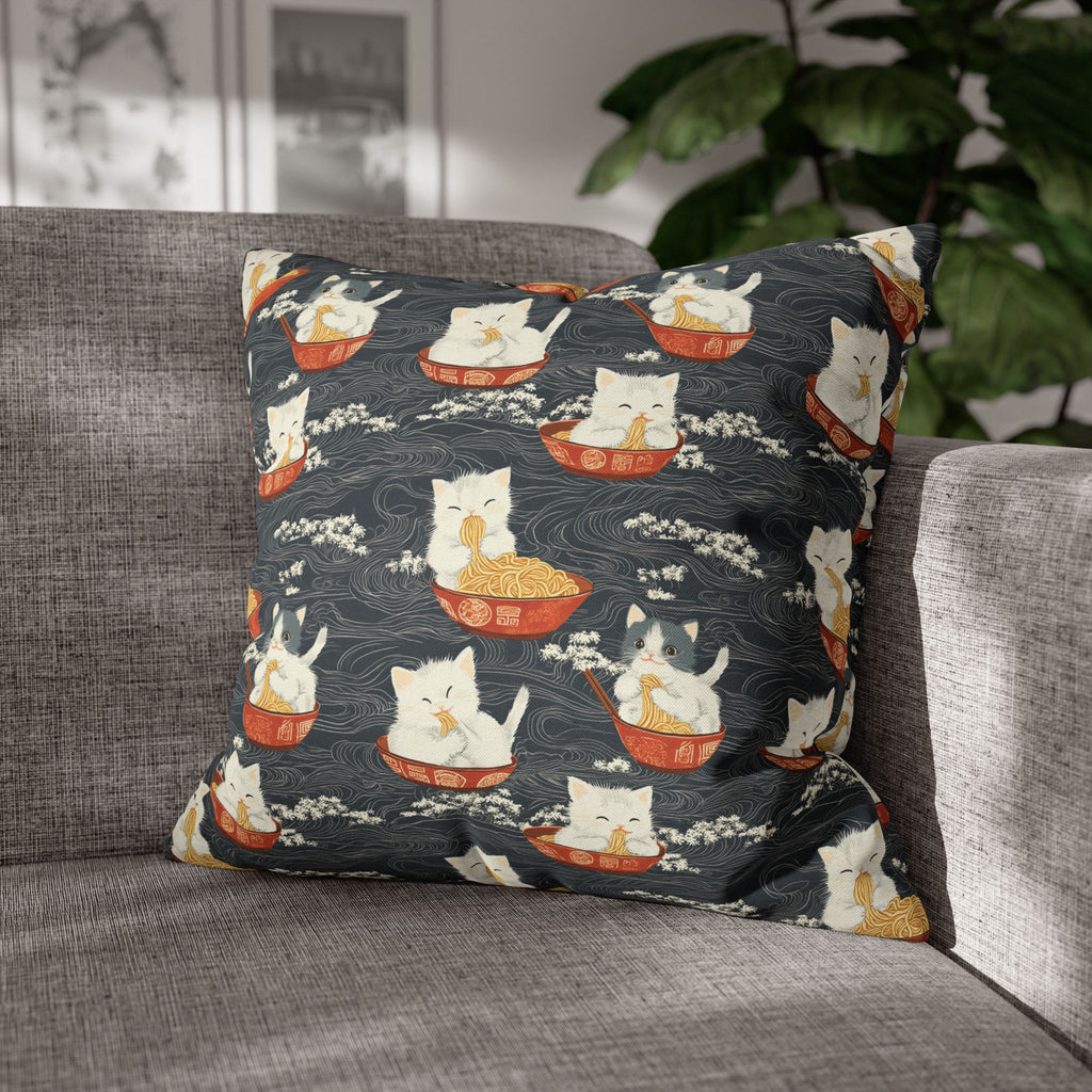 Square Pillowcase - An adorable and cute pattern of baby cats happily eating steaming ramen noodles from traditional red and white bowls with beautiful white floral elements surrounding them.