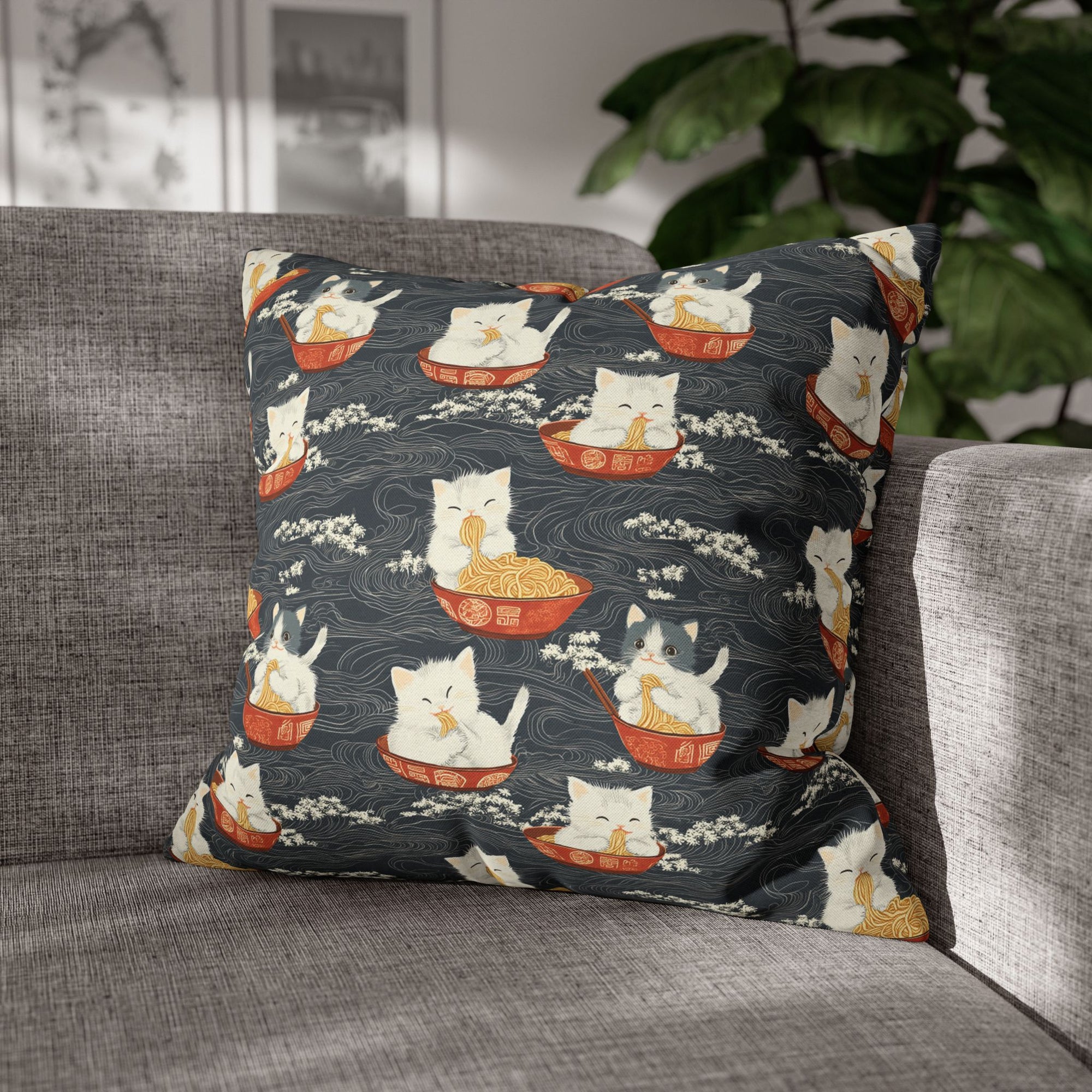 Square Pillowcase - An adorable and cute pattern of baby cats happily eating steaming ramen noodles from traditional red and white bowls with beautiful white floral elements surrounding them.