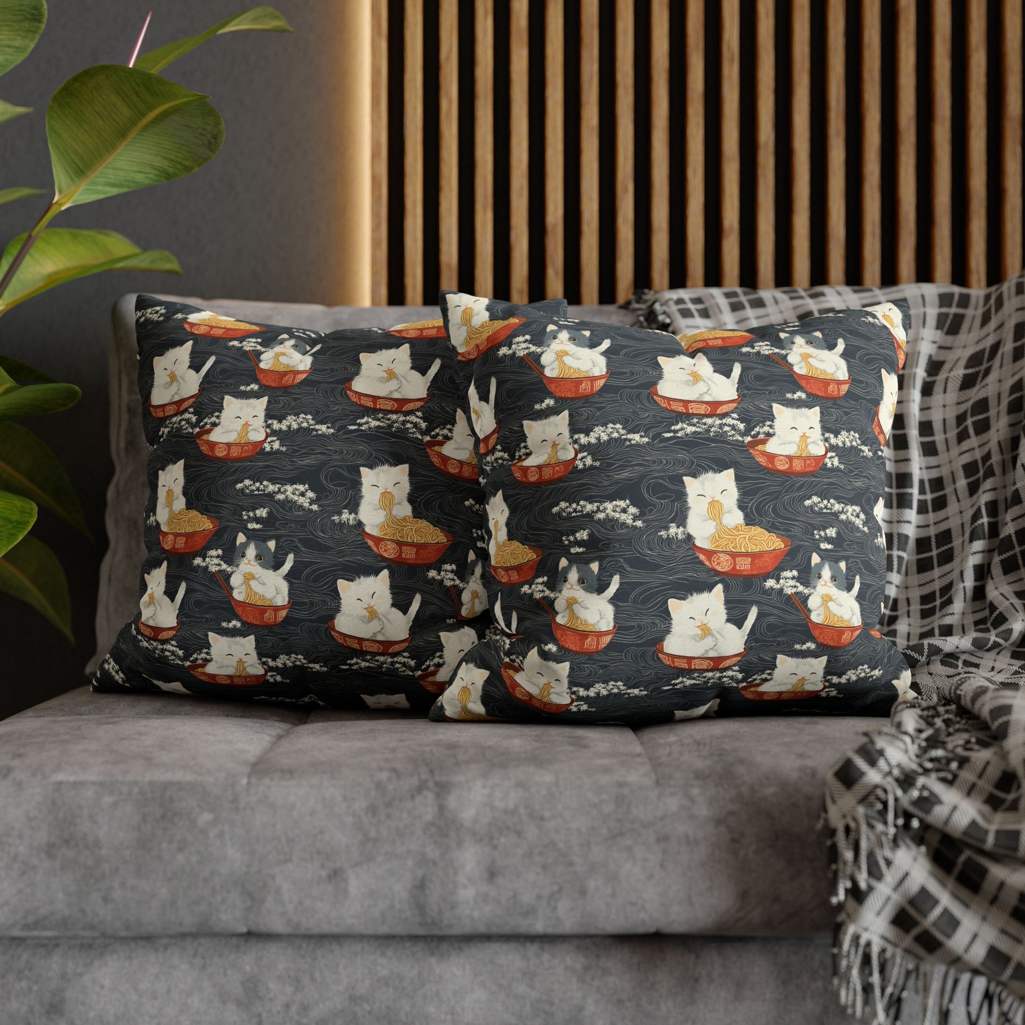 Square Pillowcase - An adorable and cute pattern of baby cats happily eating steaming ramen noodles from traditional red and white bowls with beautiful white floral elements surrounding them.