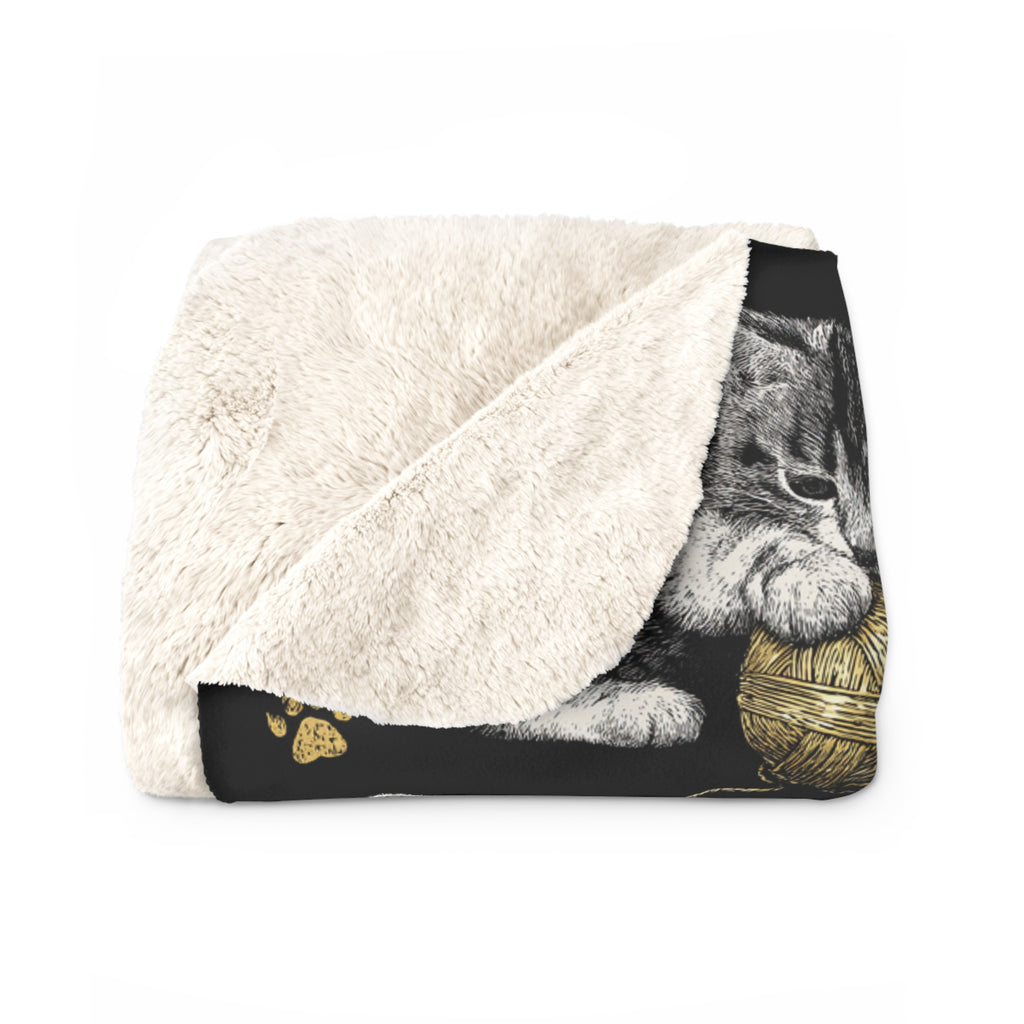 Sherpa Blanket - Grey and White Kittens Playing with Golden Yarn on a Black Background with Paw Prints