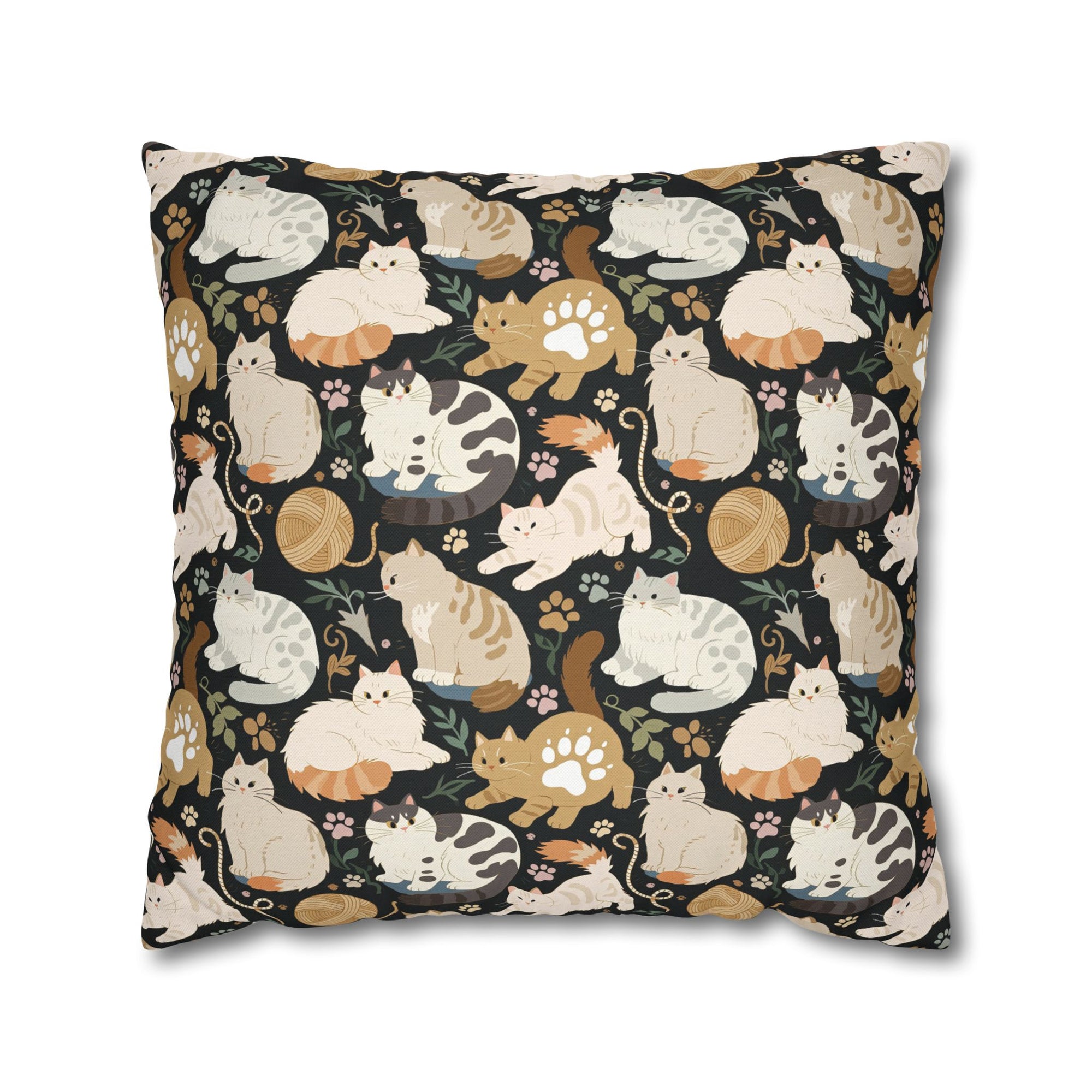 Square Pillowcase - Diverse cats and kittens in a dark garden, various breeds and colors, soft natural tones with foliage and paw prints, charming animal illustration, dark background, gentle pet themed art