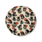 Indoor Round Floor Pillow - A whimsical and delightful hand-drawn style pattern of adorable black cats eating bowls of delicious ramen noodles with a large red sun in the background.