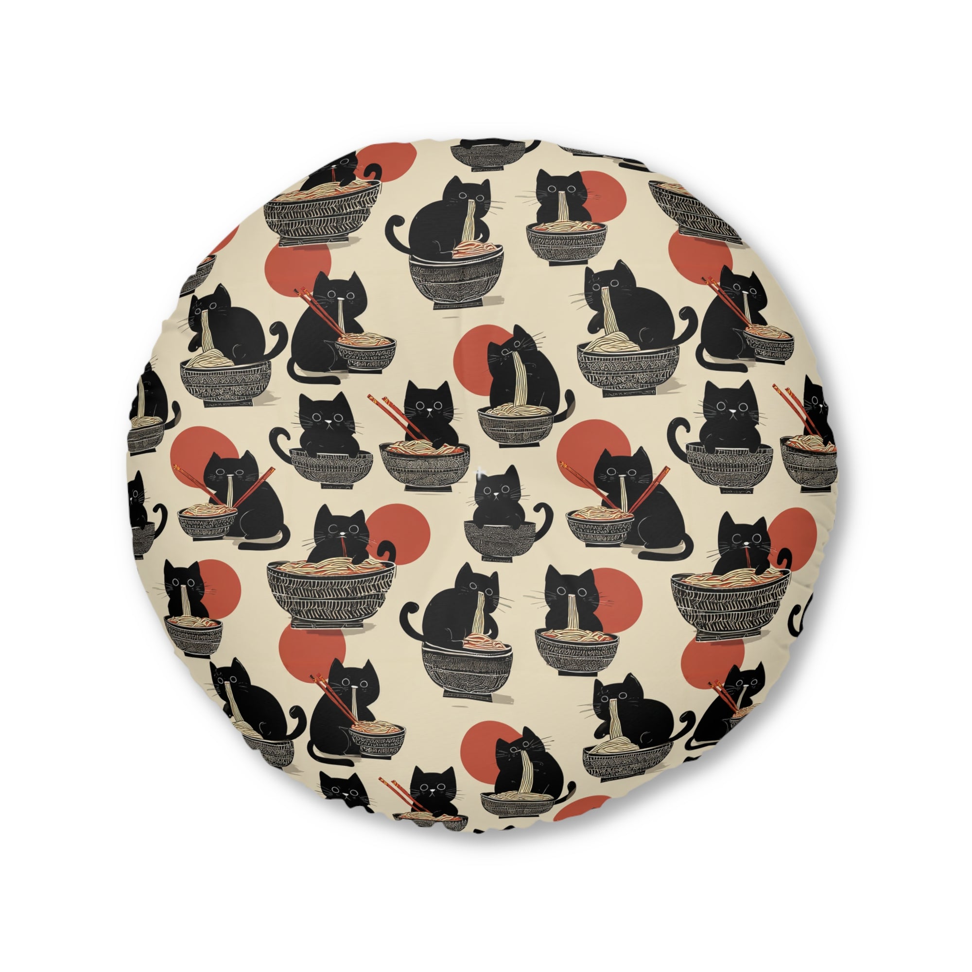 Indoor Round Floor Pillow - A whimsical and delightful hand-drawn style pattern of adorable black cats eating bowls of delicious ramen noodles with a large red sun in the background.