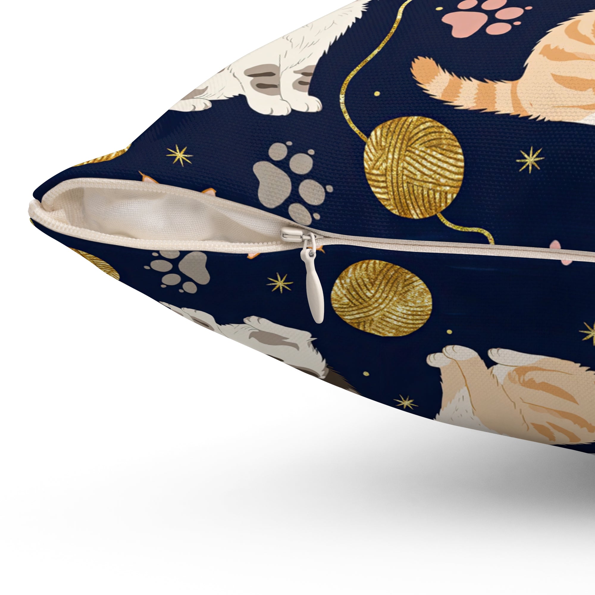 Indoor Square Pillow - Charming cats and golden yarn playful design, cute kittens with paw prints, whimsical animal art for cat lovers, dark blue background, delightful pet themed illustration