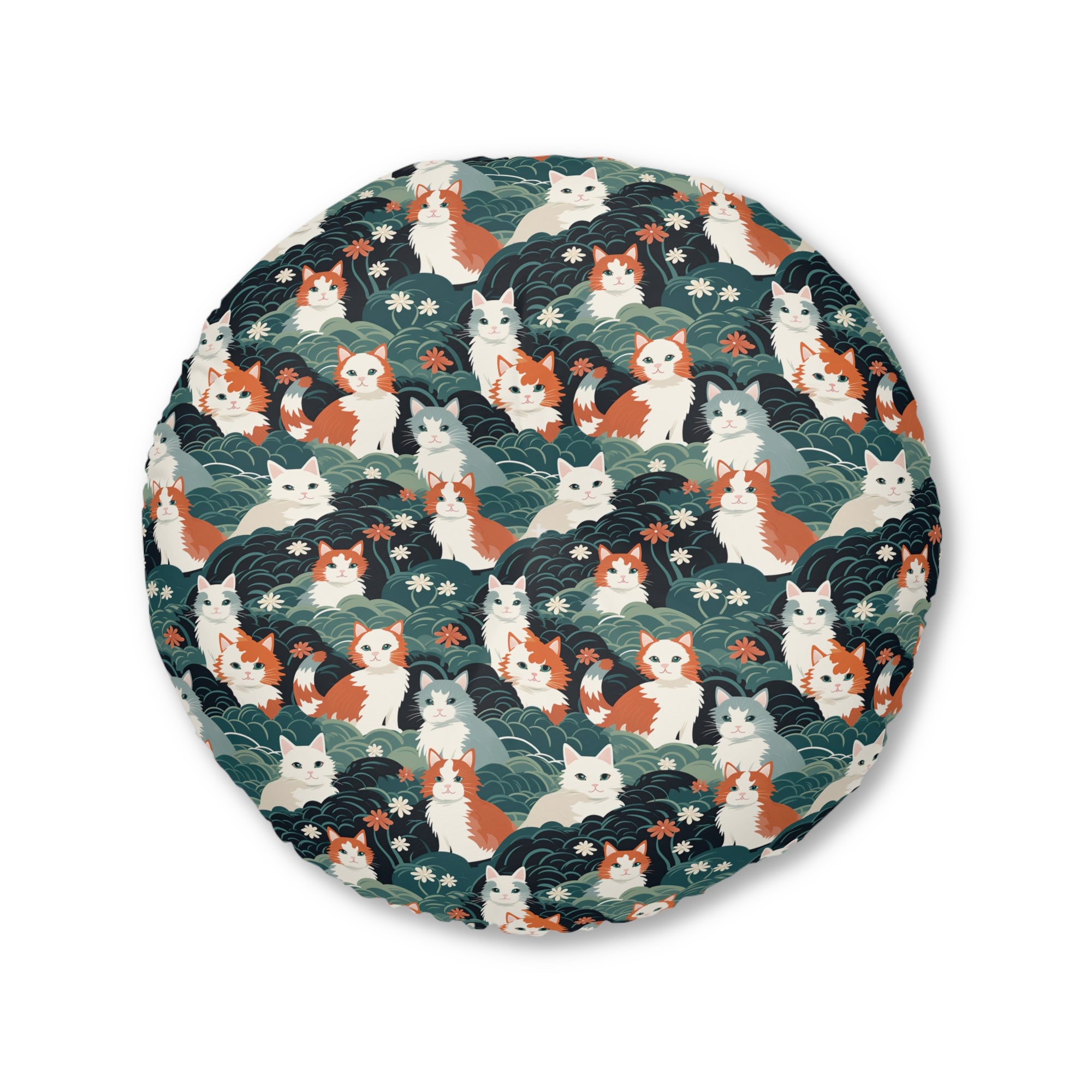 Indoor Round Floor Pillow - A whimsical, fluffy, watercolor depiction of various cats of different colors peeking out from a dense dark blue and green bush with white flowers.