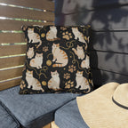 Outdoor Pillow - Elegant felines and sparkling gold yarn on black, adorable cats with golden paw prints, sophisticated pet motif, charming animal pattern, cozy and warm artistic illustration