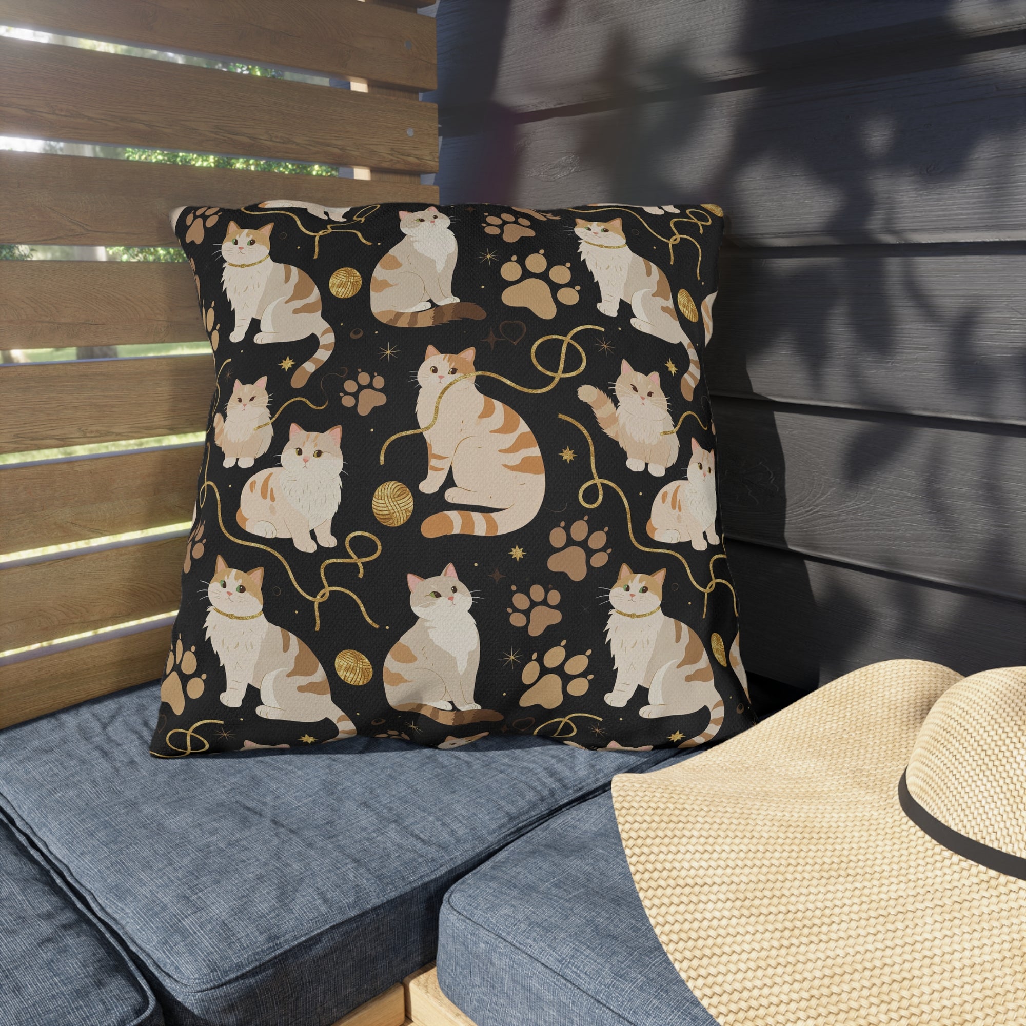 Outdoor Pillow - Elegant felines and sparkling gold yarn on black, adorable cats with golden paw prints, sophisticated pet motif, charming animal pattern, cozy and warm artistic illustration