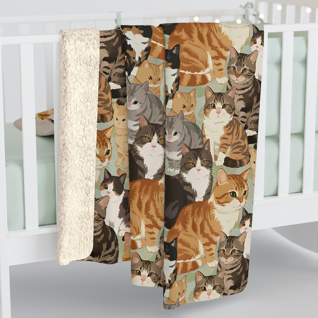 Sherpa Blanket - A Densely Packed Gathering of Adorable Felines Featuring a Wide Range of Breeds and Playful Expressions in Close Proximity