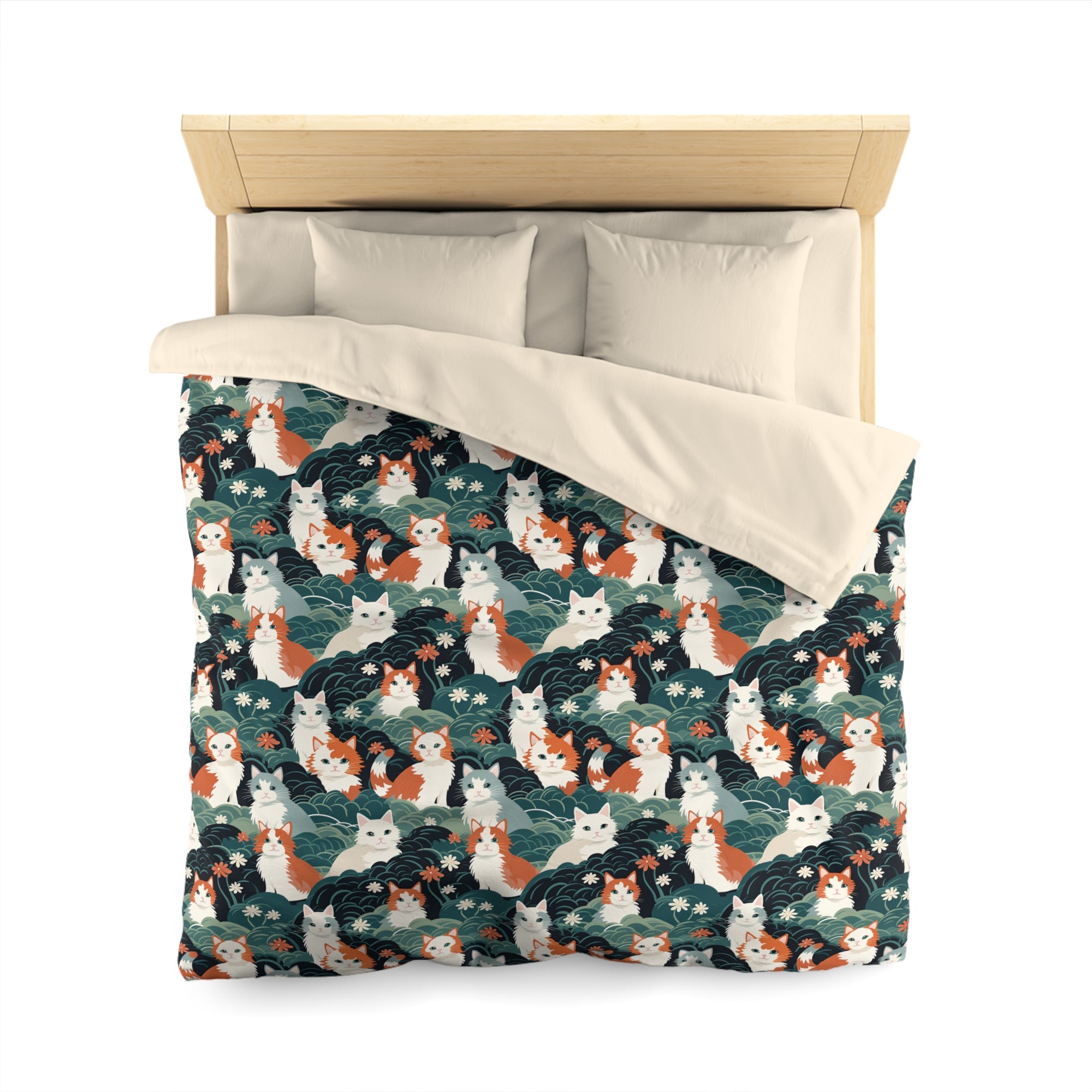 Duvet Cover - A whimsical, fluffy, watercolor depiction of various cats of different colors peeking out from a dense dark blue and green bush with white flowers.