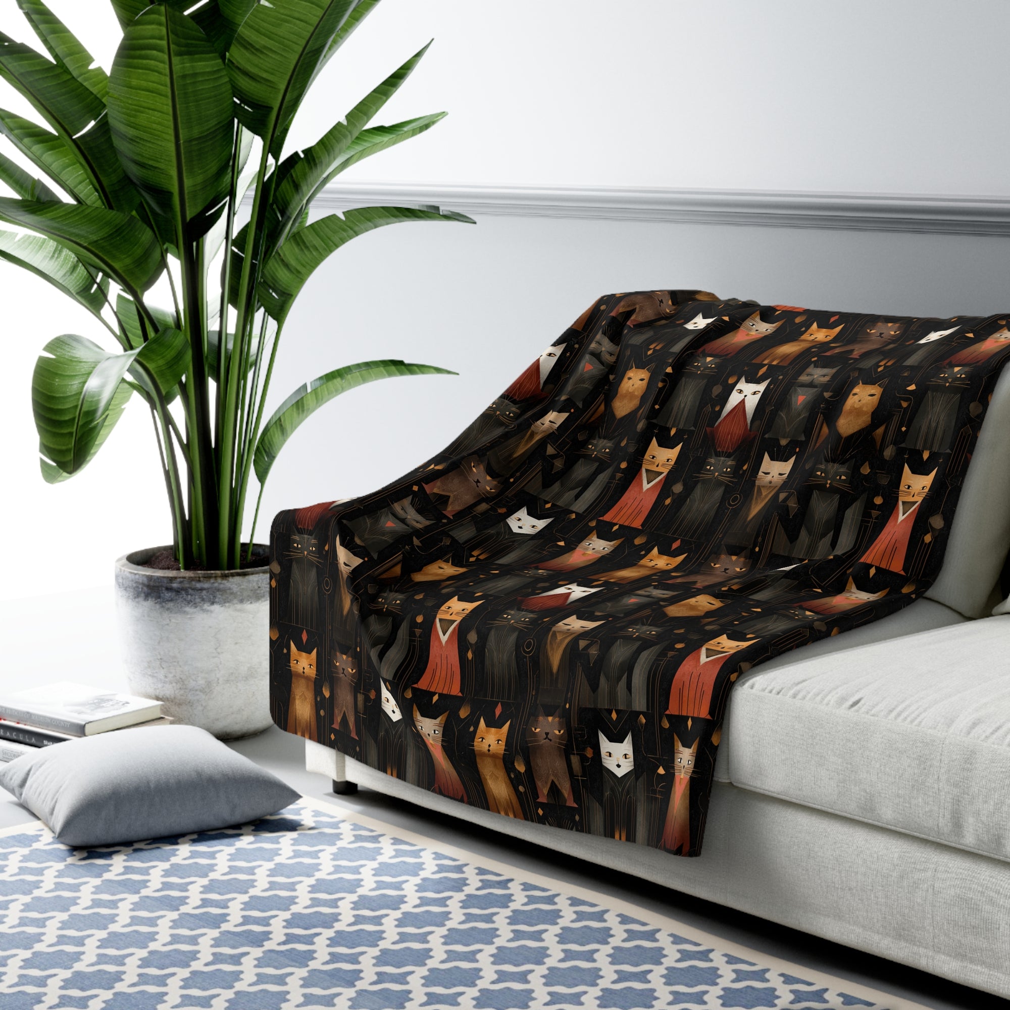 Sherpa Blanket - A striking and sophisticated Art Deco-style pattern of felines with bold, intricate lines and dramatic geometric shapes, all rendered in a unique gold and gray color palette.