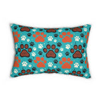 Indoor Lumbar Pillow - A dramatic and powerful Japanese woodblock print-style illustration of cats amidst powerful waves, red flowers, and white cherry blossoms.