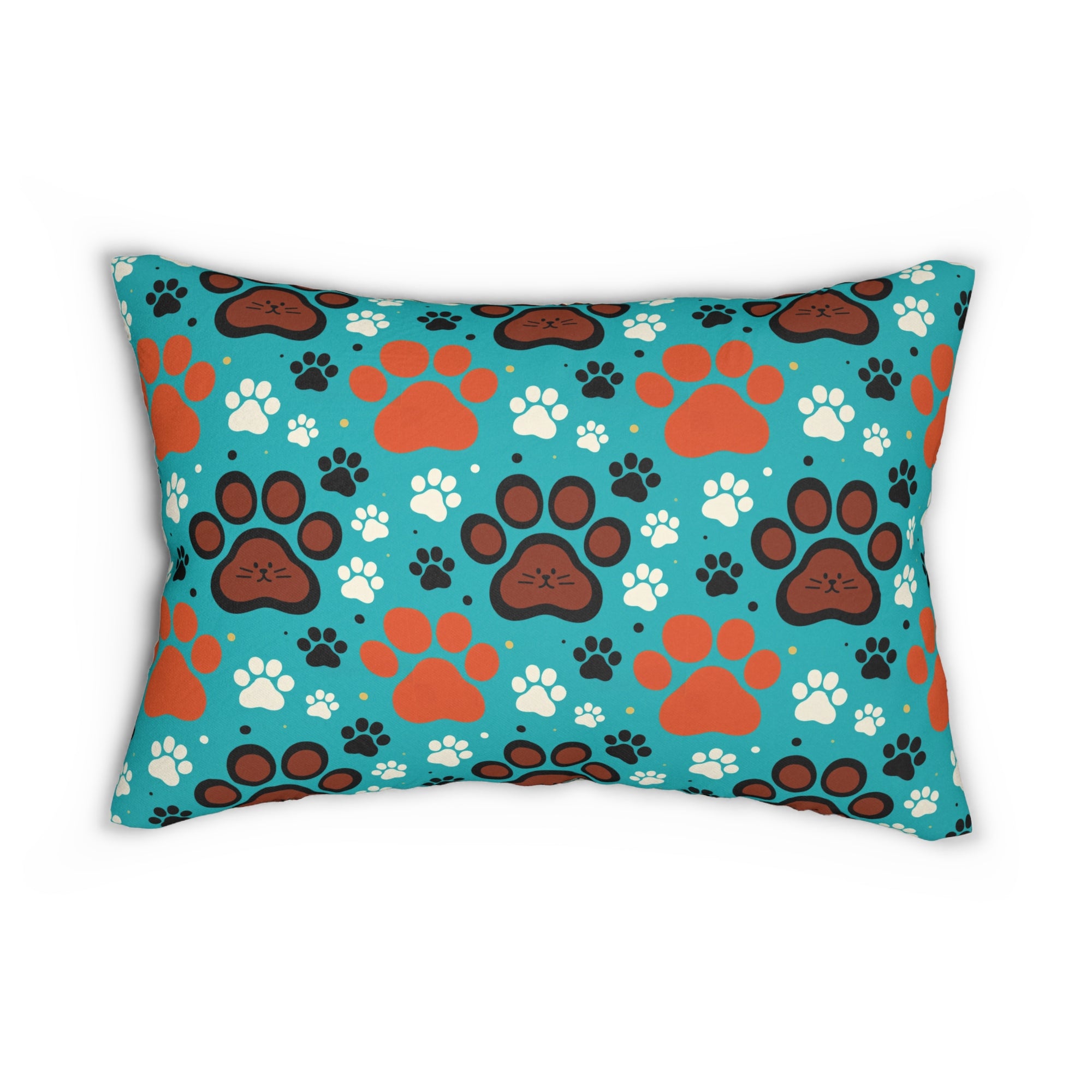 Indoor Lumbar Pillow - A dramatic and powerful Japanese woodblock print-style illustration of cats amidst powerful waves, red flowers, and white cherry blossoms.