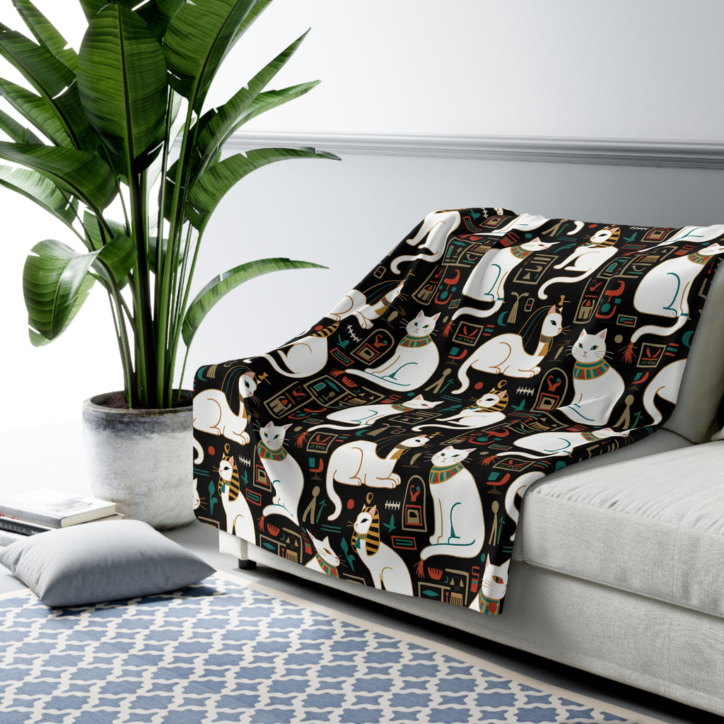 Sherpa Blanket - Regal White Egyptian Cats with Ornate Collars and Ancient Symbols Adorn this Historically Inspired and Mystical Pattern