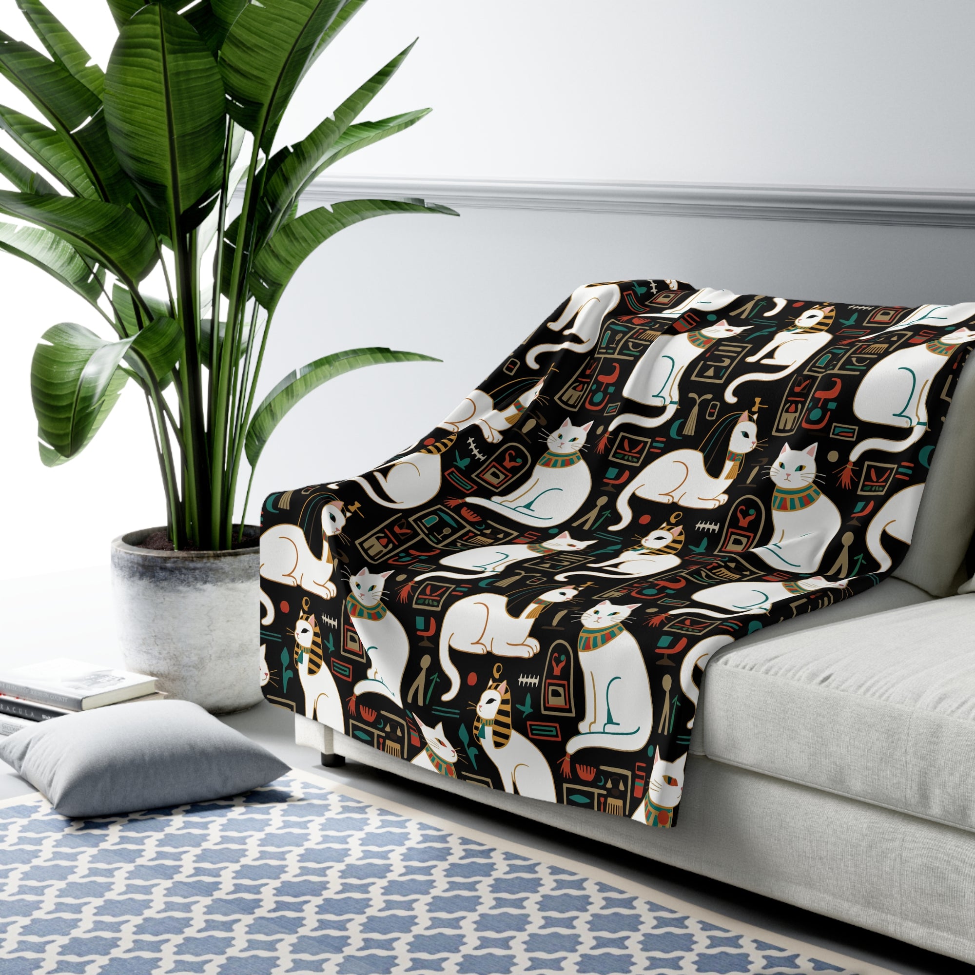 Sherpa Blanket - Regal White Egyptian Cats with Ornate Collars and Ancient Symbols Adorn this Historically Inspired and Mystical Pattern