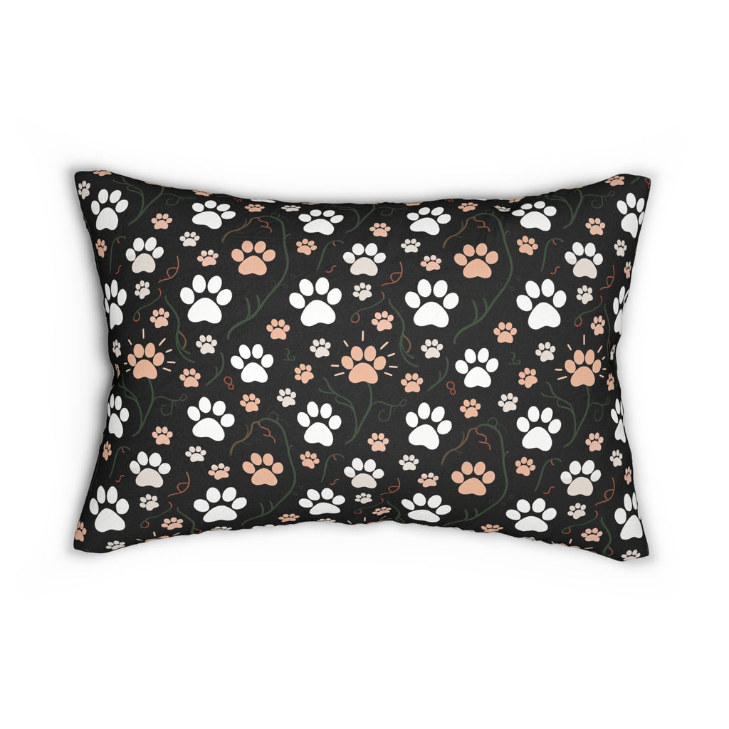 Indoor Lumbar Pillow - A detailed and ornate Victorian-style pattern featuring a tight grouping of fluffy cats of various colors surrounded by black and red flowers and leaves.