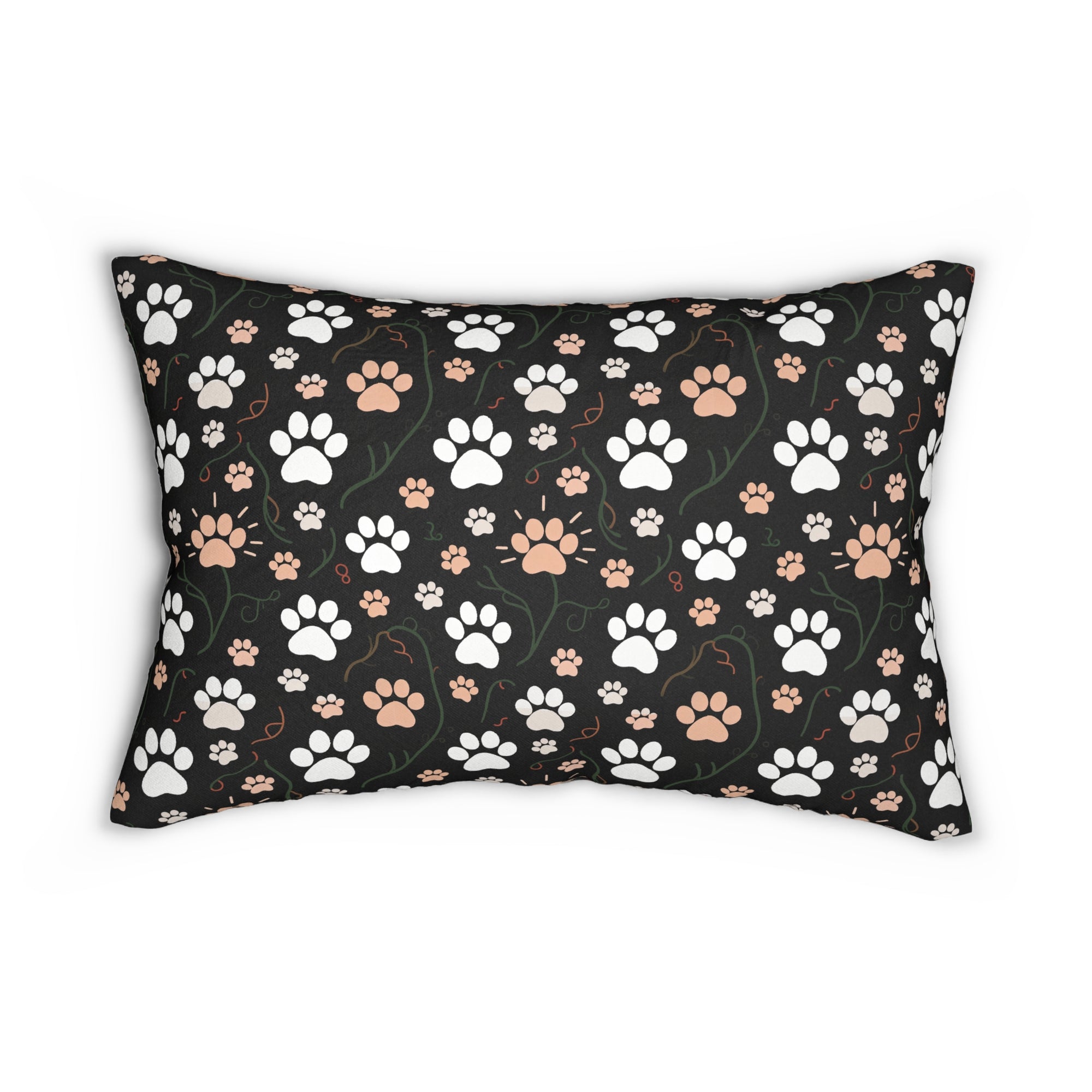 Indoor Lumbar Pillow - A detailed and ornate Victorian-style pattern featuring a tight grouping of fluffy cats of various colors surrounded by black and red flowers and leaves.