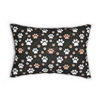 Indoor Lumbar Pillow - A bold and striking Art Deco pattern showcasing stylized feline portraits with sharp, gold lines and geometric shapes set against a dark, dramatic background.