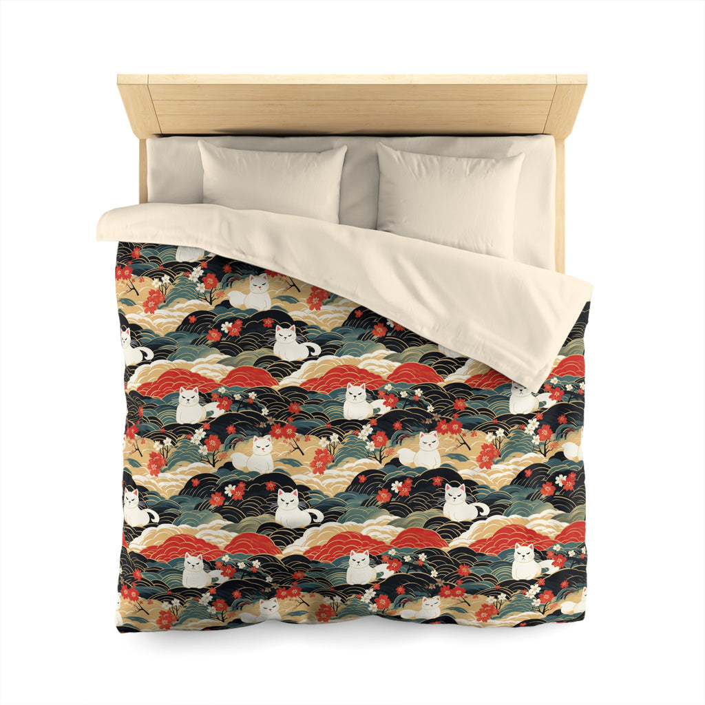 Duvet Cover - A beautiful, Japanese-inspired illustration of tranquil white cats resting on rolling clouds with vibrant red and white cherry blossoms.