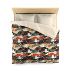 Duvet Cover - A beautiful, Japanese-inspired illustration of tranquil white cats resting on rolling clouds with vibrant red and white cherry blossoms.