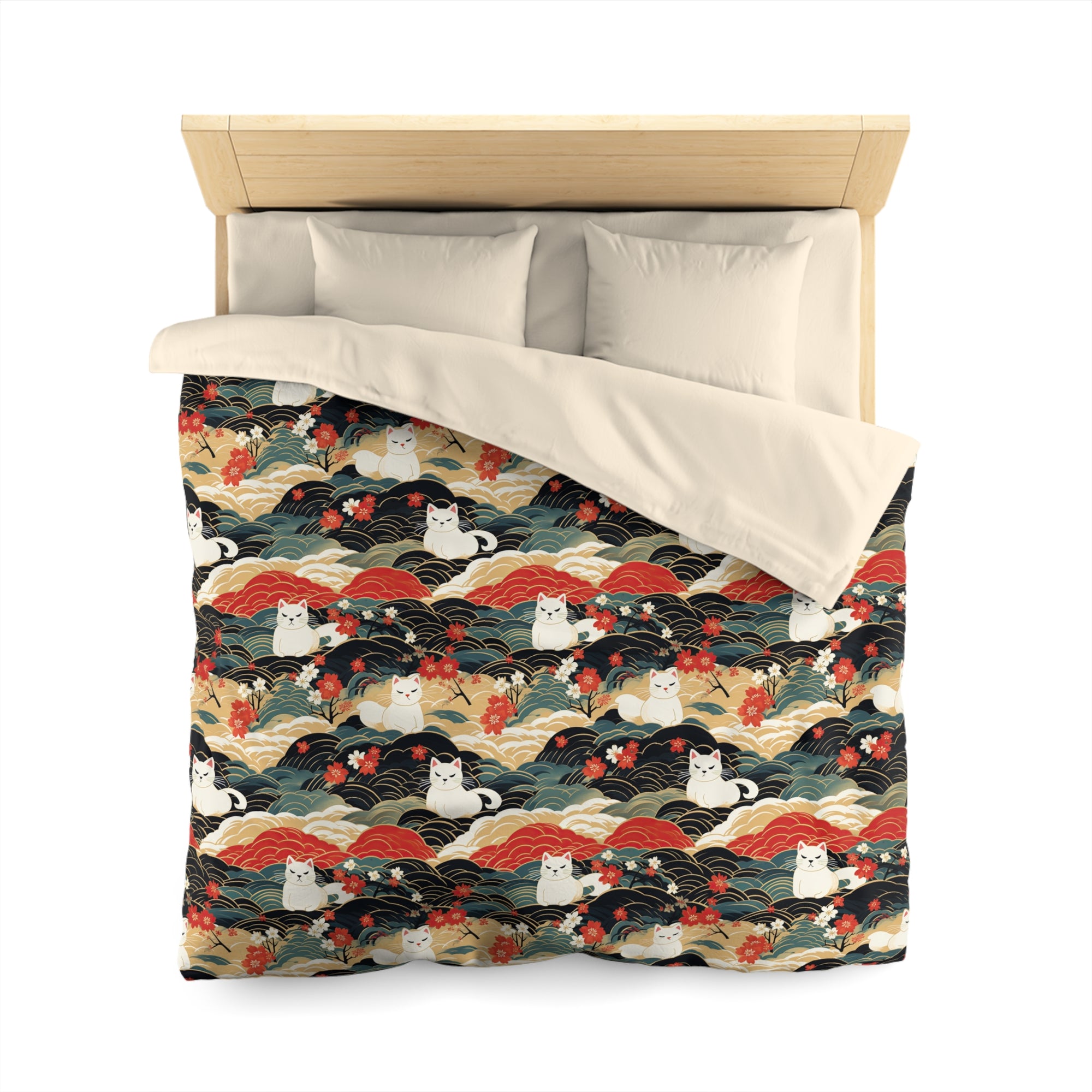 Duvet Cover - A beautiful, Japanese-inspired illustration of tranquil white cats resting on rolling clouds with vibrant red and white cherry blossoms.