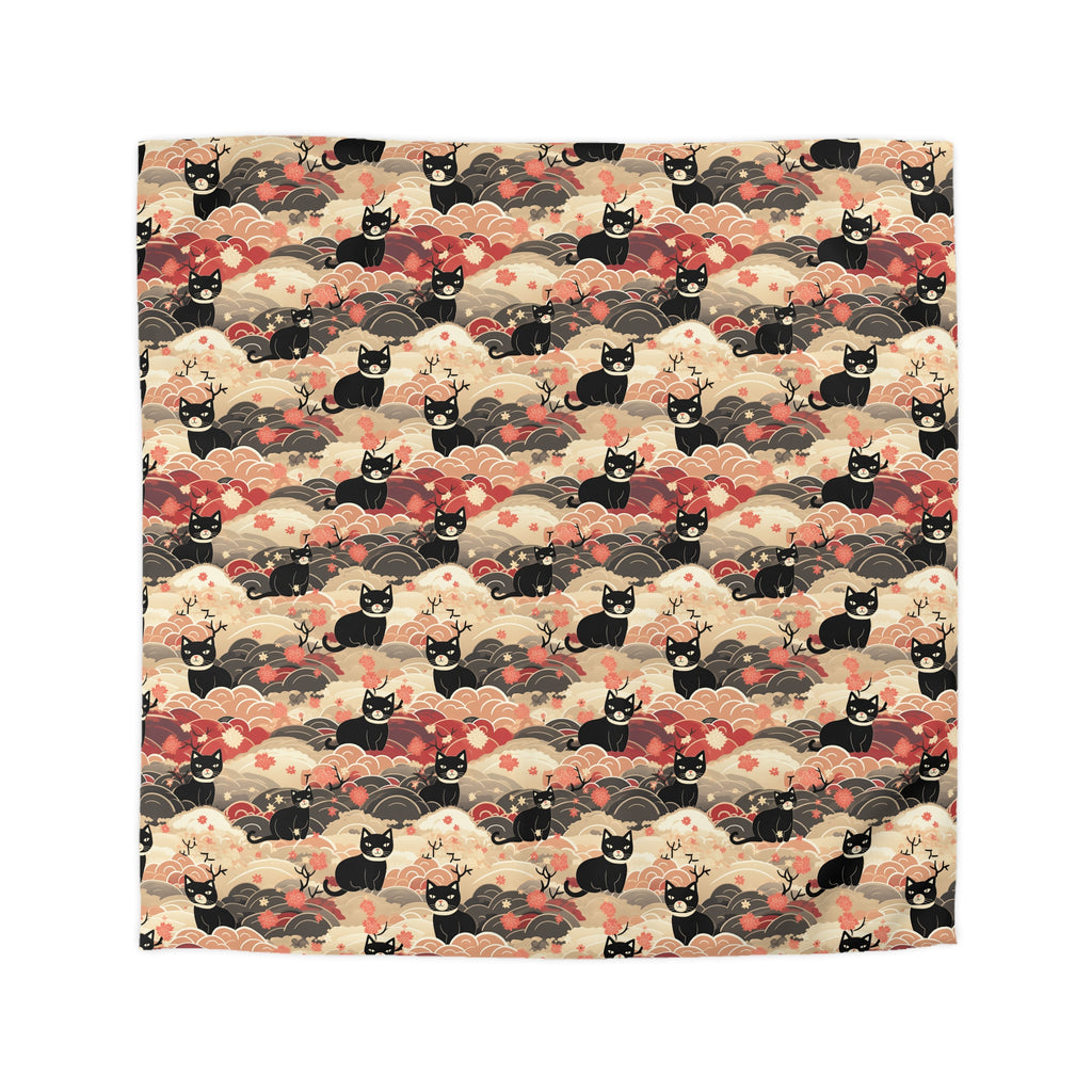 Duvet Cover - A whimsical and enchanting Japanese-style pattern featuring cute black and orange cats nestled among vibrant orange blossoms and soft, cloudy backgrounds.