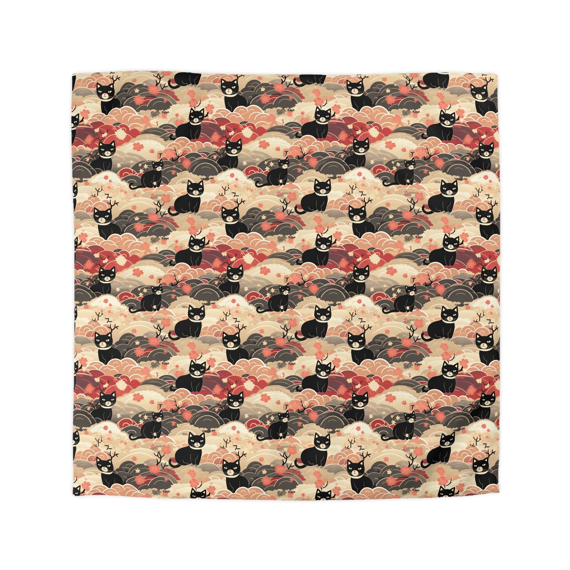 Duvet Cover - A whimsical and enchanting Japanese-style pattern featuring cute black and orange cats nestled among vibrant orange blossoms and soft, cloudy backgrounds.