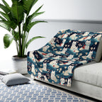 Sherpa Blanket - A lovely, playful, Japanese-inspired illustration of sweet white cats sitting on rolling blue waves with red and white flowers and gentle clouds.