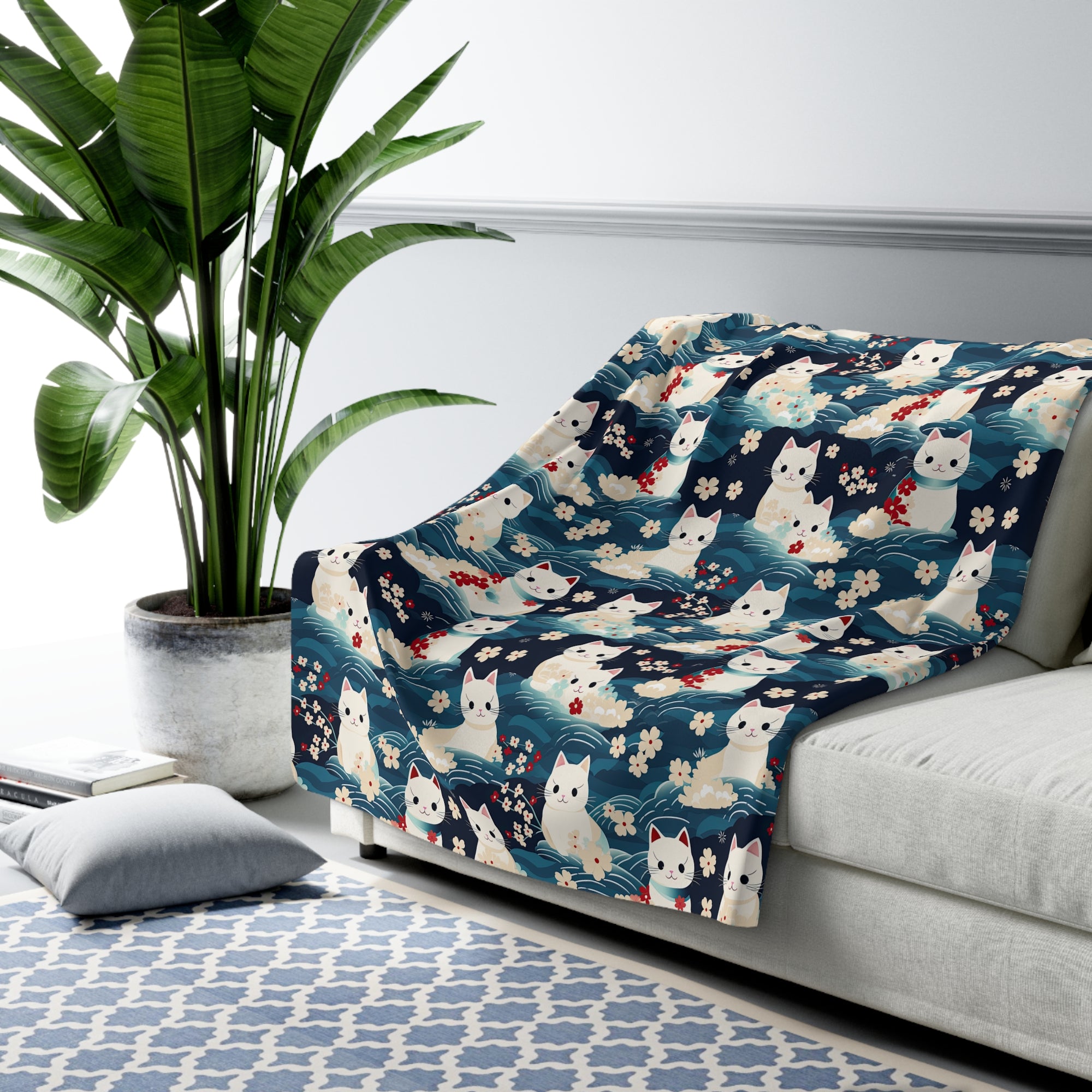 Sherpa Blanket - A lovely, playful, Japanese-inspired illustration of sweet white cats sitting on rolling blue waves with red and white flowers and gentle clouds.