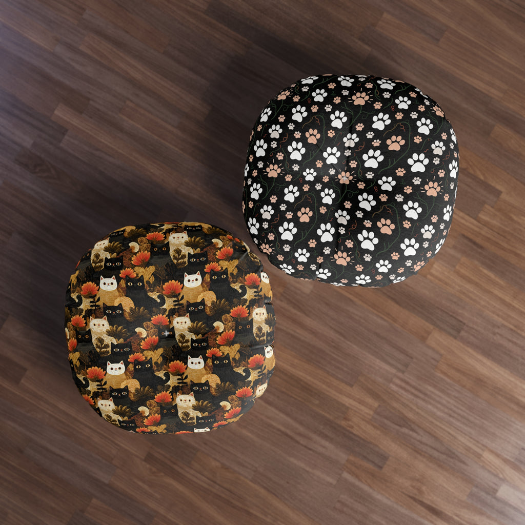 Indoor Round Floor Pillow - A dark and fantastical illustrative painting of many different cats and plants, creating a dense, mysterious, and golden jungle or forest scene.