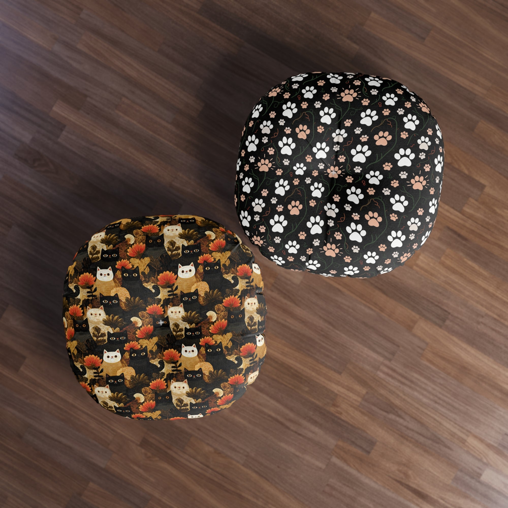 Indoor Round Floor Pillow - A dark and fantastical illustrative painting of many different cats and plants, creating a dense, mysterious, and golden jungle or forest scene.
