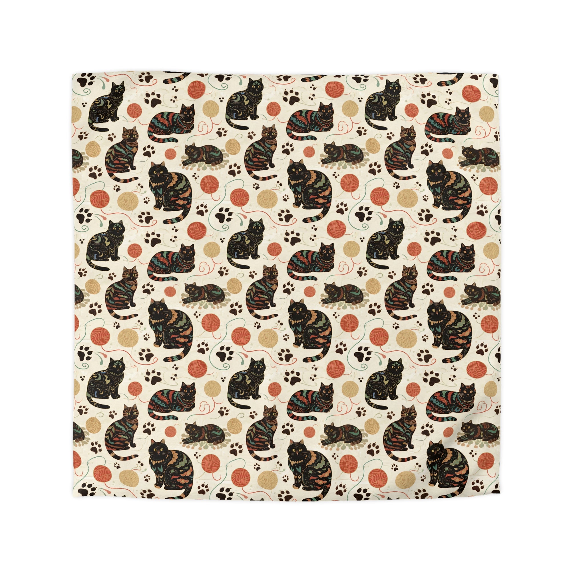 Duvet Cover - Intricate tribal patterned black cats, colorful folk art style, playful felines with yarn balls and paw prints, artistic and bohemian cat design, cream background, unique animal print