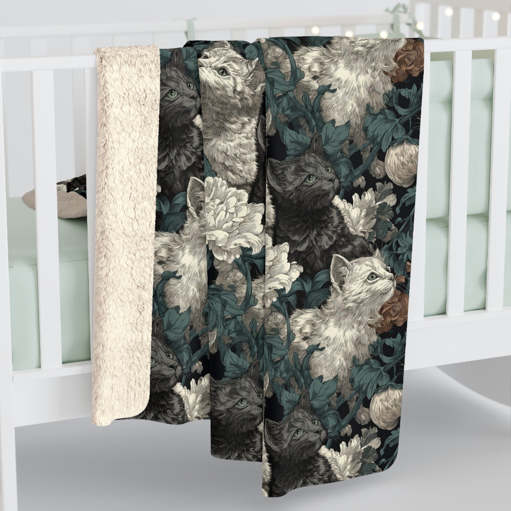 Sherpa Blanket - Grey and White Kittens with Creamy White Flowers and Dark Green Foliage, Elegant Vintage Vibe