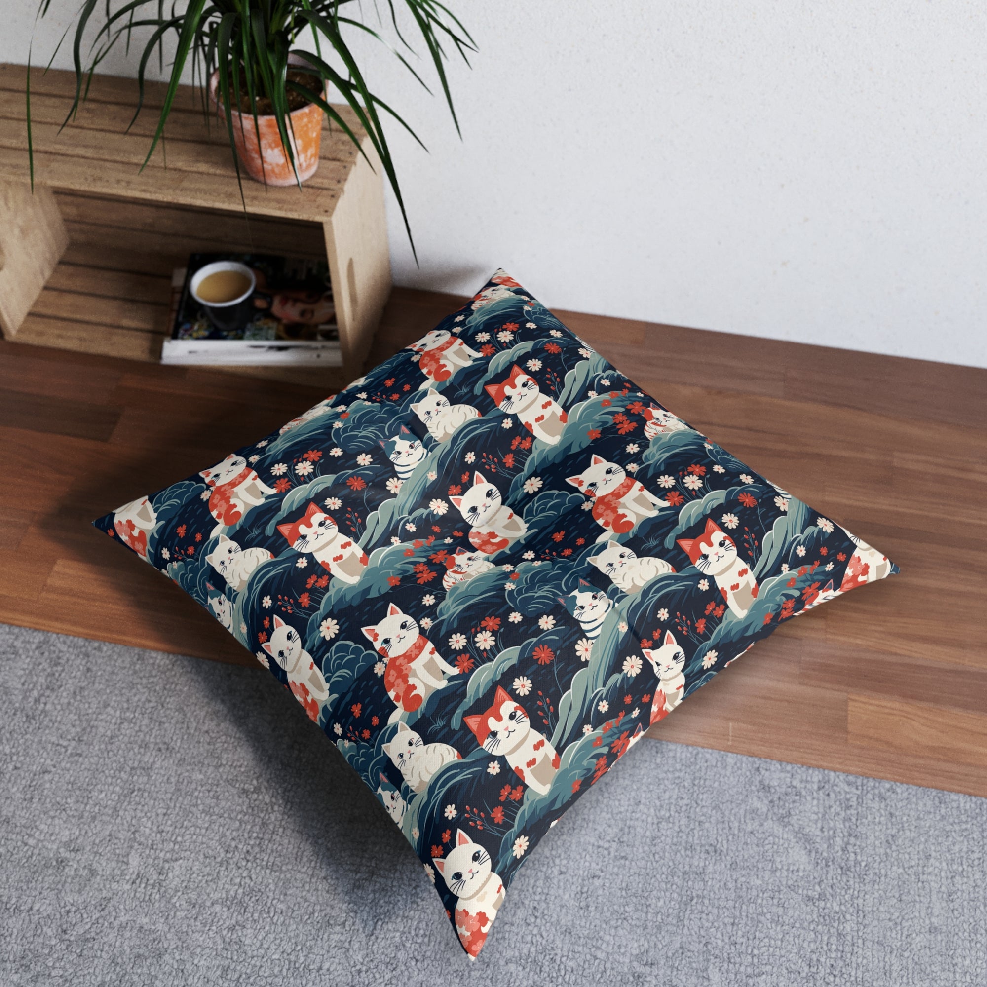 Indoor Square Floor Pillow - A serene and sweet Japanese landscape pattern featuring multicolored cats relaxing within a tranquil field of red and white flowers and gentle blue hills.