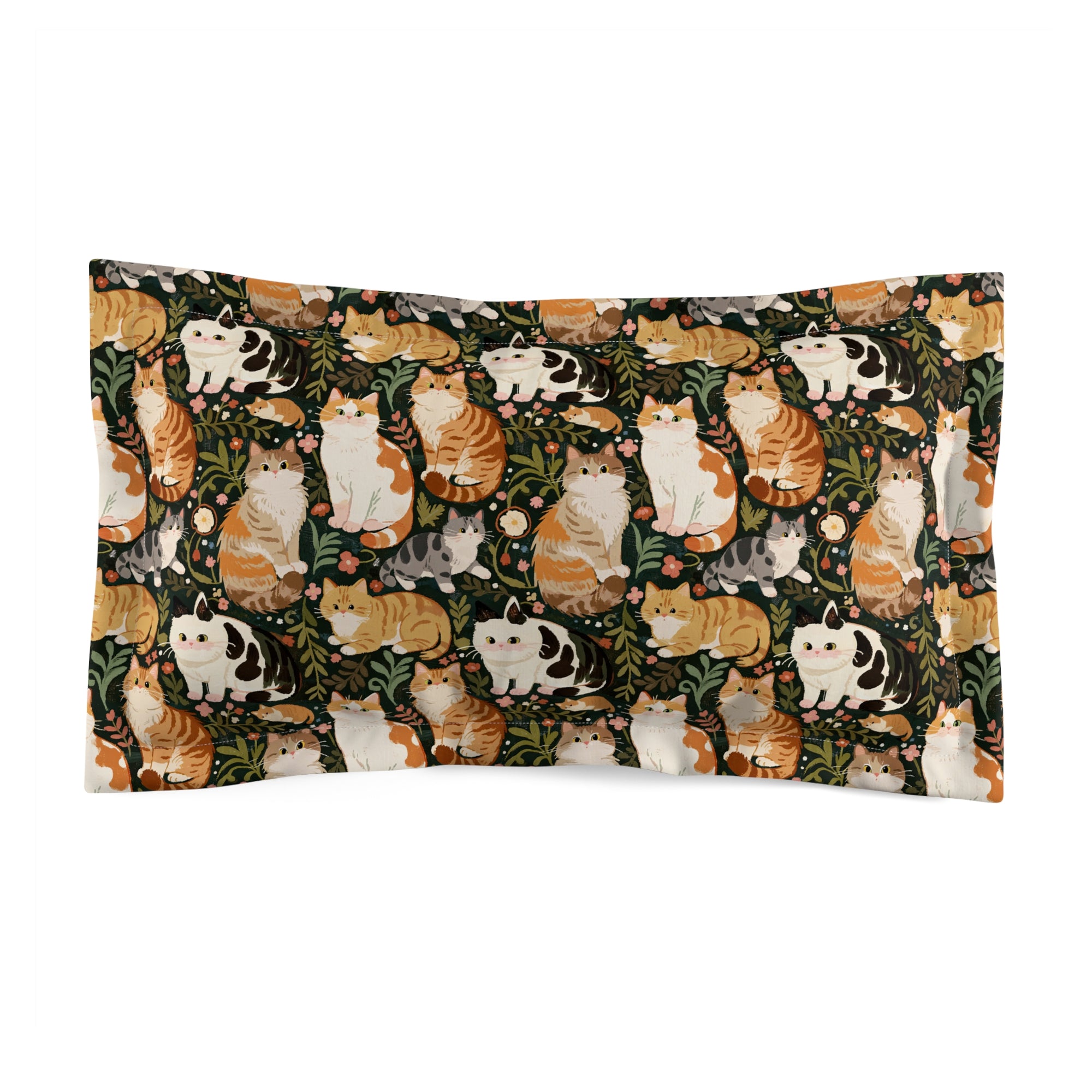 Pillow Sham - Whimsical cat and kitten garden party, various cat breeds amidst green foliage and pink flowers, charming animal illustration, dark forest green background, playful and natural art