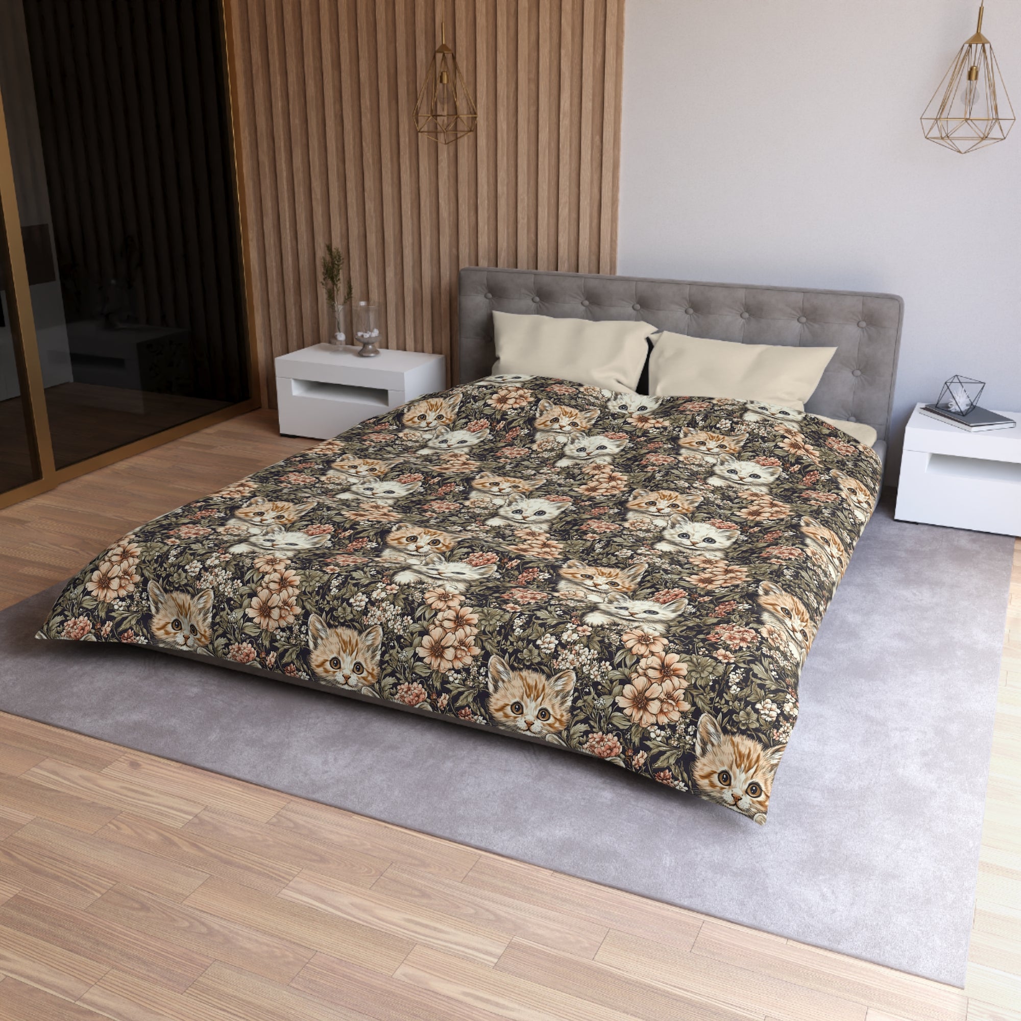 Duvet Cover - Peach and White Kittens in Dark Floral Garden, Vintage Style, Sweet and Charming Scene