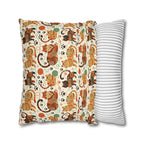 Square Pillowcase - Colorful folk art patterned cats, vibrant orange and teal hues, playful felines with yarn and paw prints, bohemian animal illustration, cream background, artistic and cheerful design