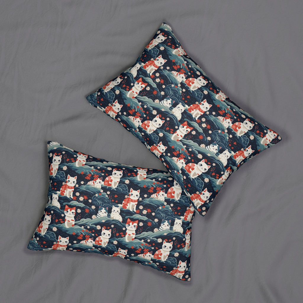 Indoor Lumbar Pillow - A serene and sweet Japanese landscape pattern featuring multicolored cats relaxing within a tranquil field of red and white flowers and gentle blue hills.