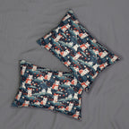 Indoor Lumbar Pillow - A serene and sweet Japanese landscape pattern featuring multicolored cats relaxing within a tranquil field of red and white flowers and gentle blue hills.