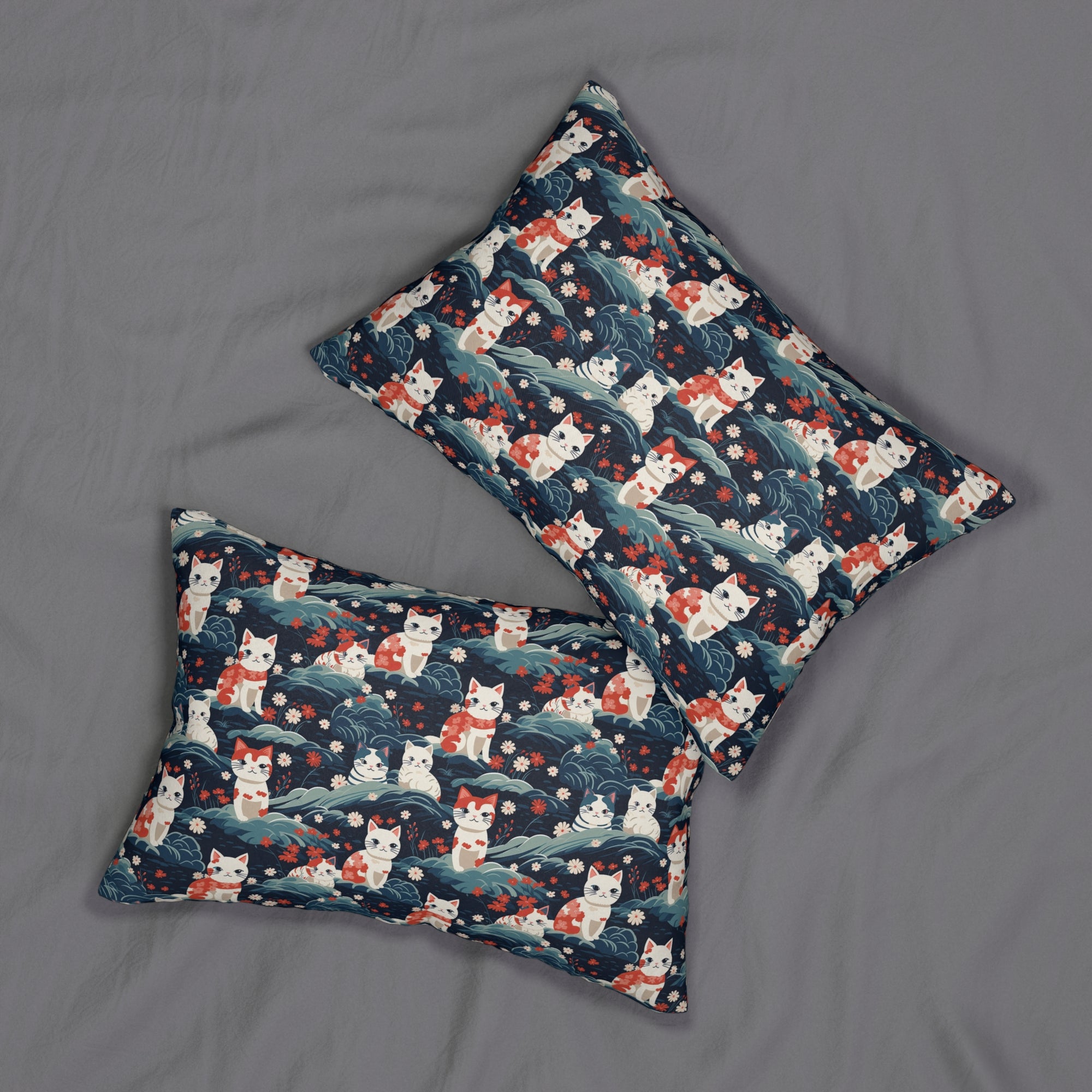 Indoor Lumbar Pillow - A serene and sweet Japanese landscape pattern featuring multicolored cats relaxing within a tranquil field of red and white flowers and gentle blue hills.