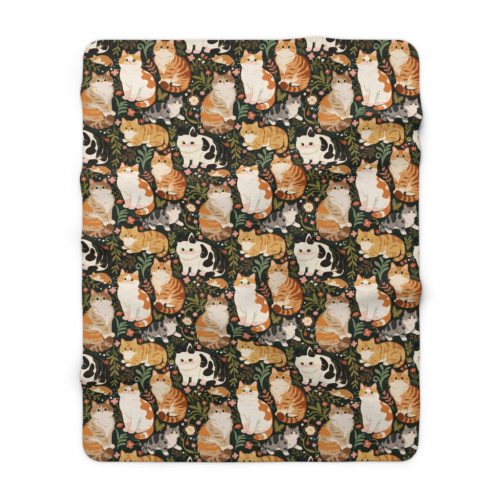 Sherpa Blanket - Whimsical cat and kitten garden party, various cat breeds amidst green foliage and pink flowers, charming animal illustration, dark forest green background, playful and natural art