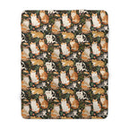 Sherpa Blanket - Whimsical cat and kitten garden party, various cat breeds amidst green foliage and pink flowers, charming animal illustration, dark forest green background, playful and natural art