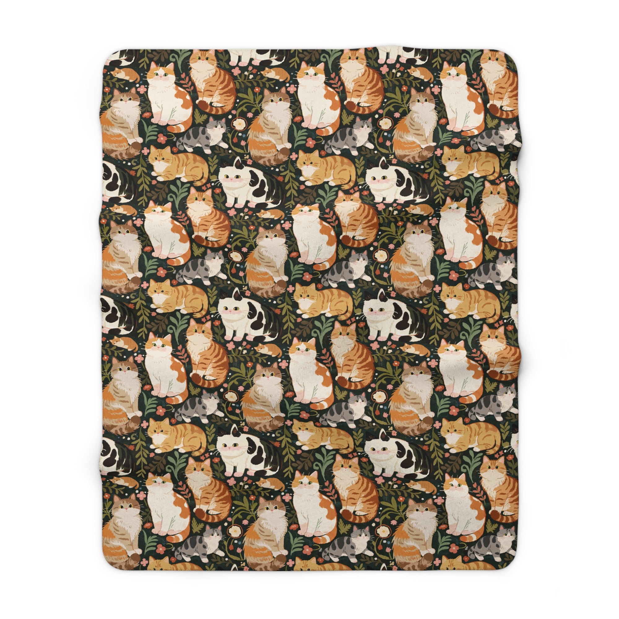 Sherpa Blanket - Whimsical cat and kitten garden party, various cat breeds amidst green foliage and pink flowers, charming animal illustration, dark forest green background, playful and natural art